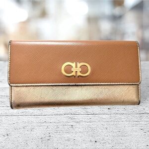 Salvatore Ferragamo VINTAGE Saffiano Metallic Gold Leather Long Wallet